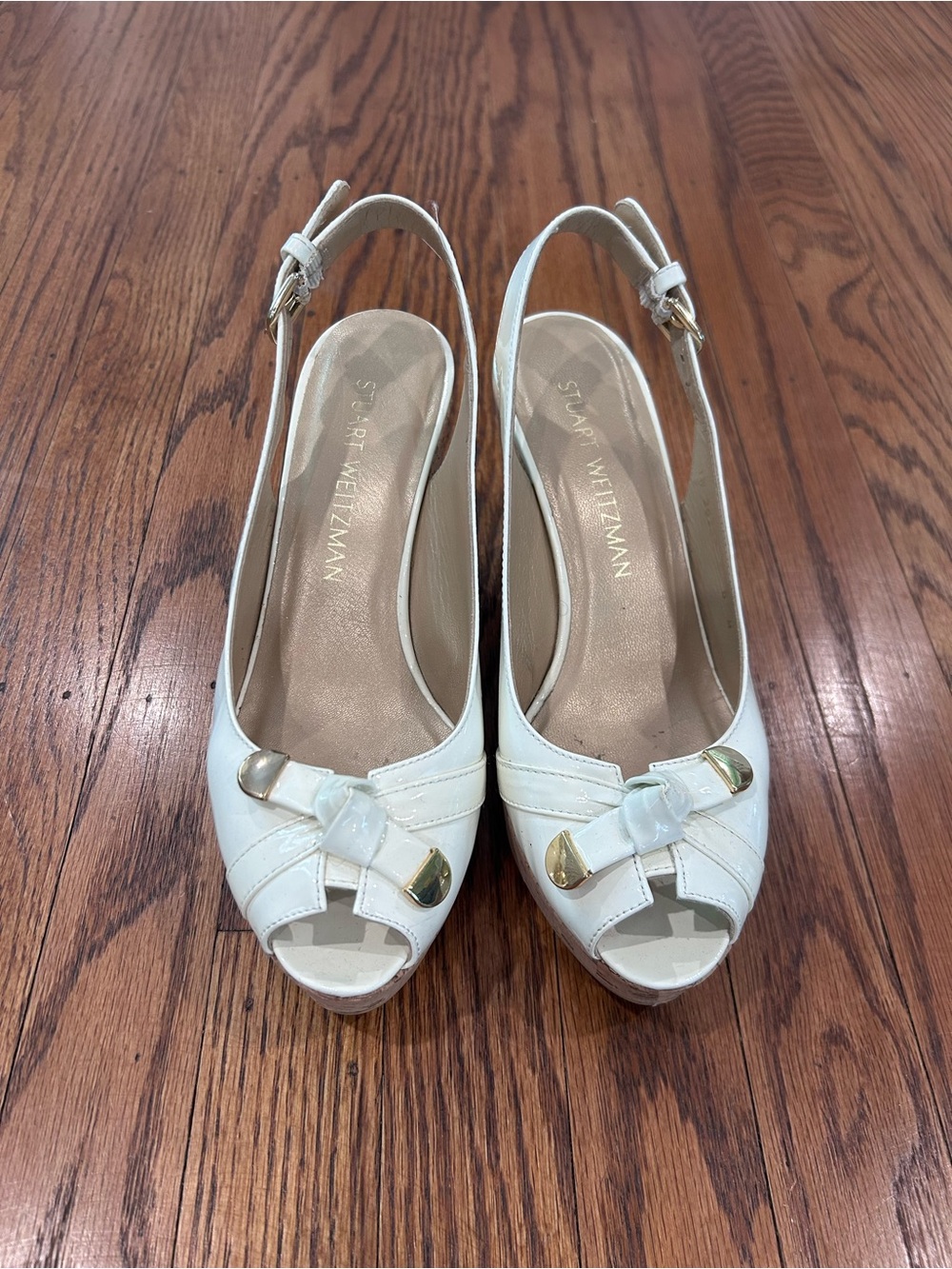 Stuart Weitzman White Peep-Toe Slingback Heels with Gold Accents